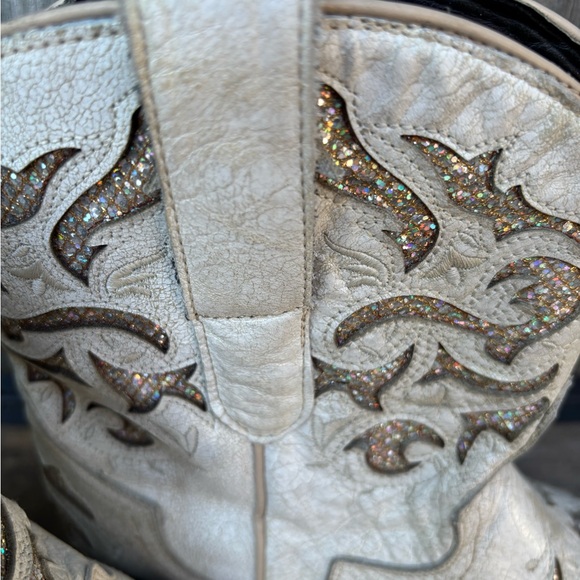 J.B. Dillon Reserve White & Glittery Inlay Cutout Leather Cowboy Booties, Sz 11 - Picture 7 of 8